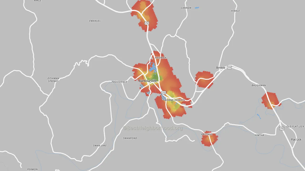 Walk Grade map of Barbourville, KY, walkable areas in green and car-dependent areas in red