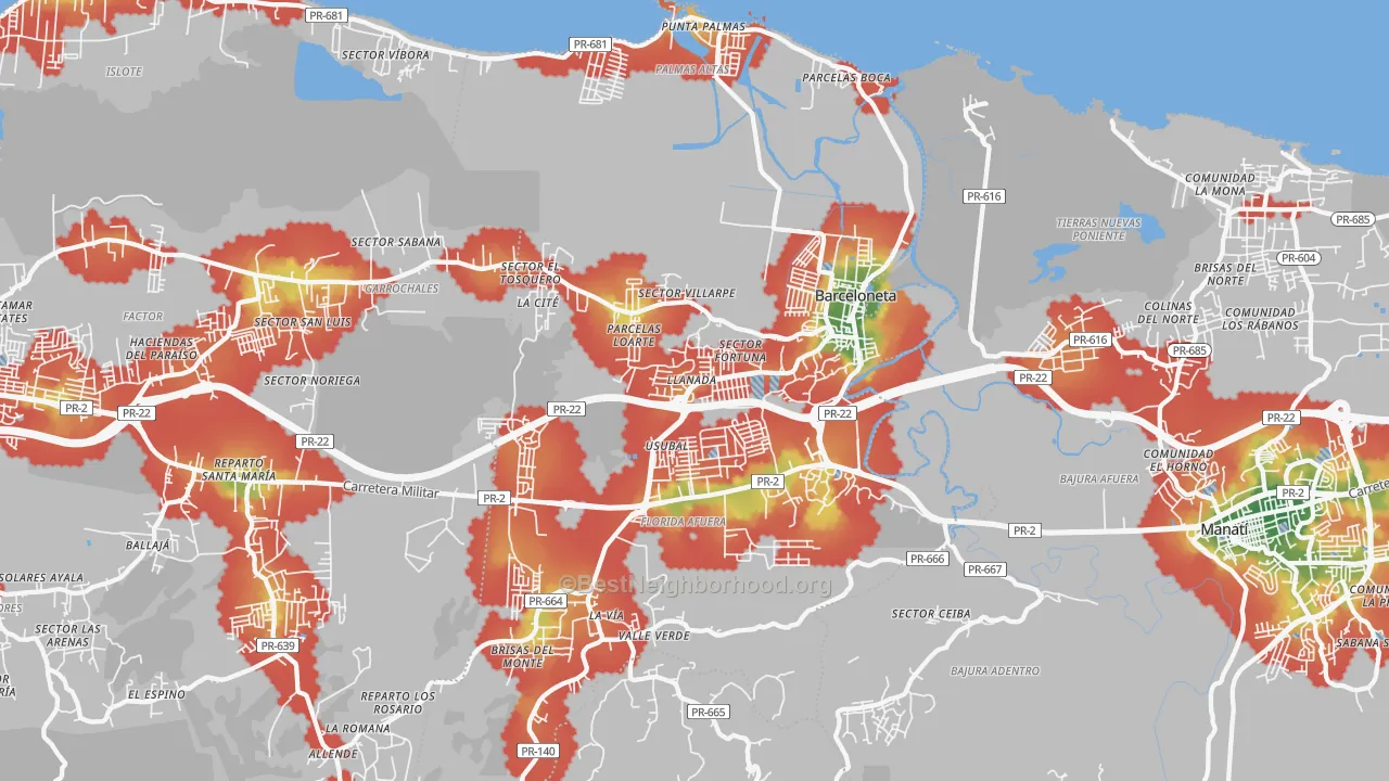 Walk Grade map of Barceloneta Municipio, PR, walkable areas in green and car-dependent areas in red
