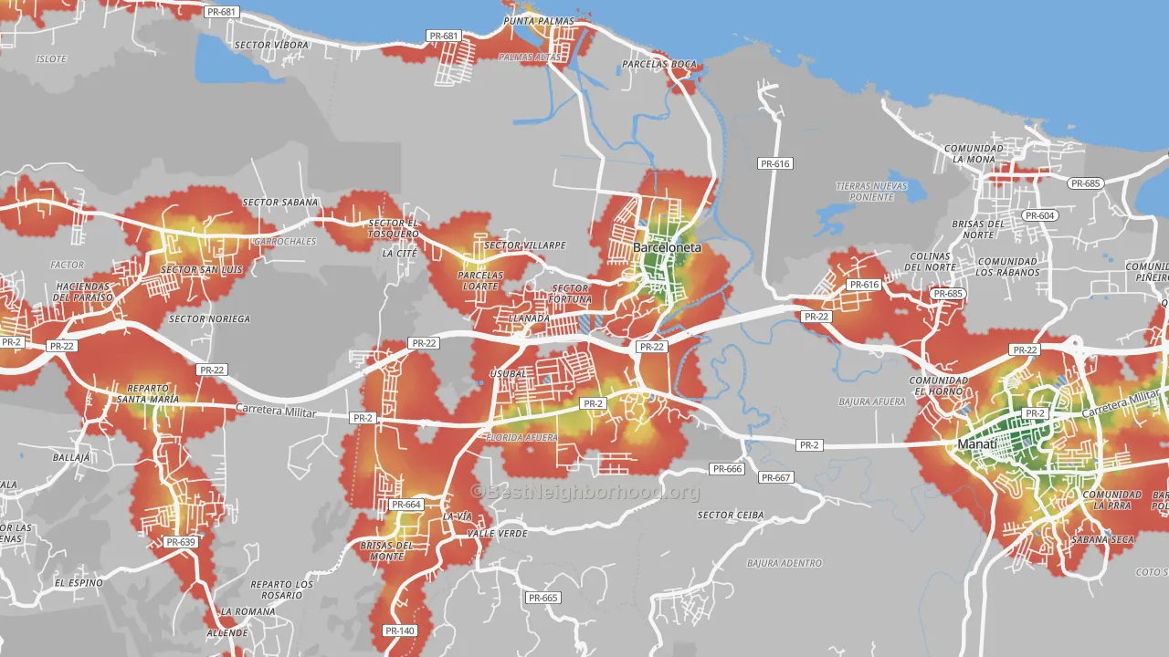 Walk Grade map of Barceloneta, PR, walkable areas in green and car-dependent areas in red