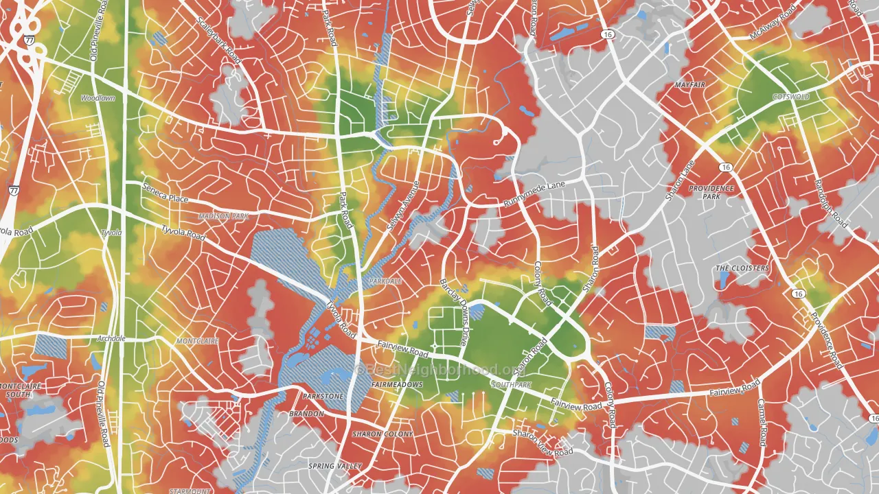 Walk Grade map of Barclay Downs, Charlotte, NC, walkable areas in green and car-dependent areas in red