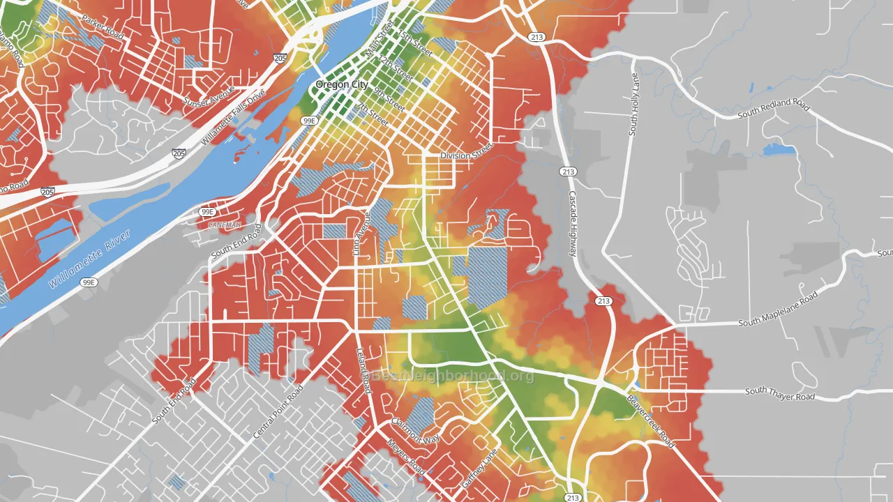 Walk Grade map of Barclay Hills, Oregon City, OR, walkable areas in green and car-dependent areas in red
