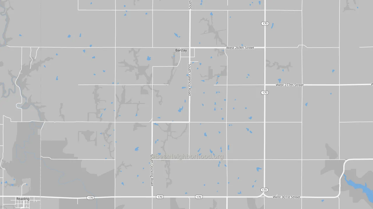 Walk Grade map of Barclay, KS, walkable areas in green and car-dependent areas in red