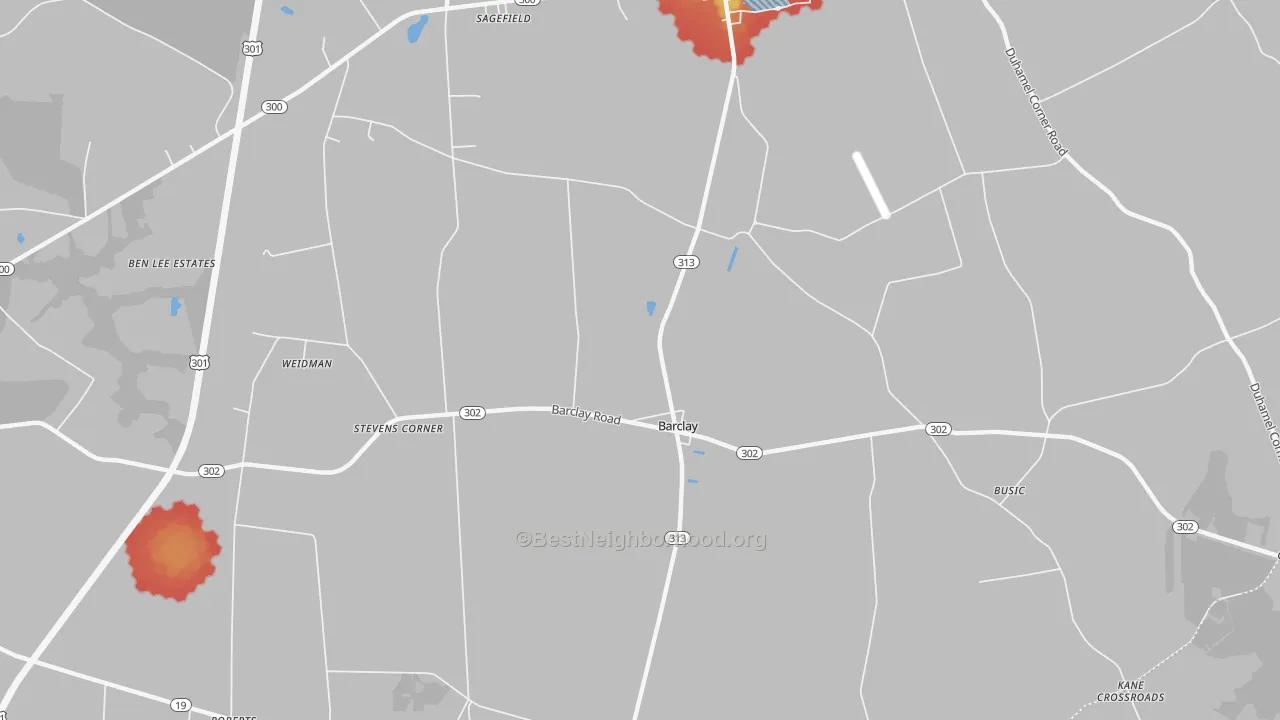 Walk Grade map of Barclay, MD, walkable areas in green and car-dependent areas in red