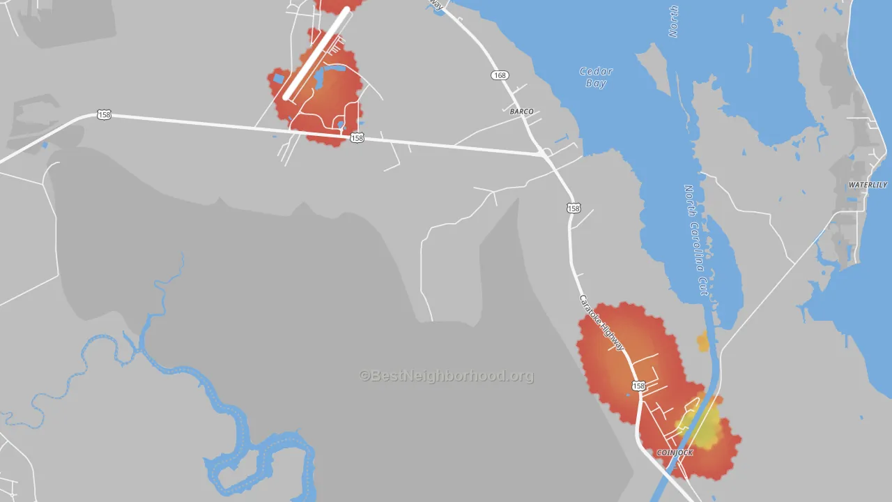 Walk Grade map of Barco, NC, walkable areas in green and car-dependent areas in red