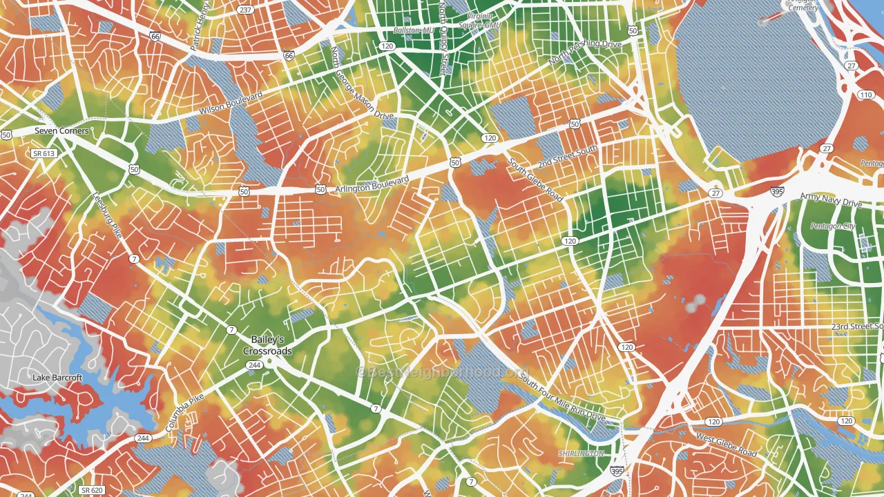 Walk Grade map of Barcroft, Arlington, VA, walkable areas in green and car-dependent areas in red