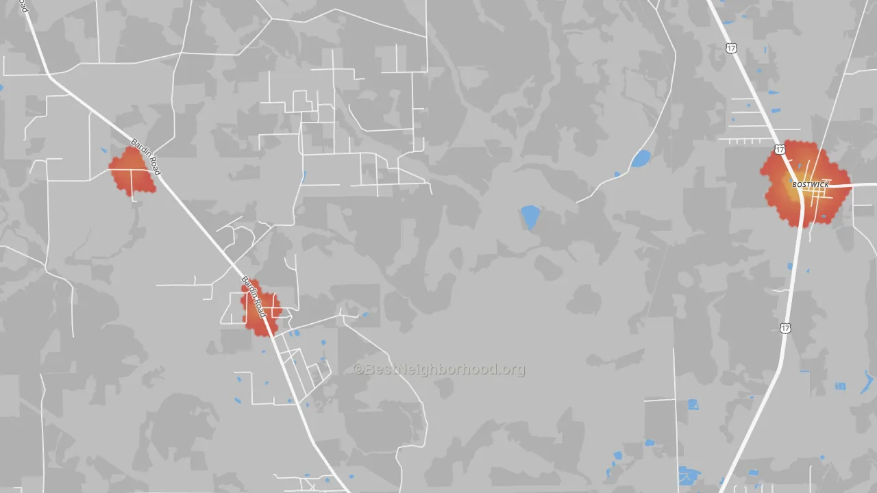 Walk Grade map of Bardin, FL, walkable areas in green and car-dependent areas in red