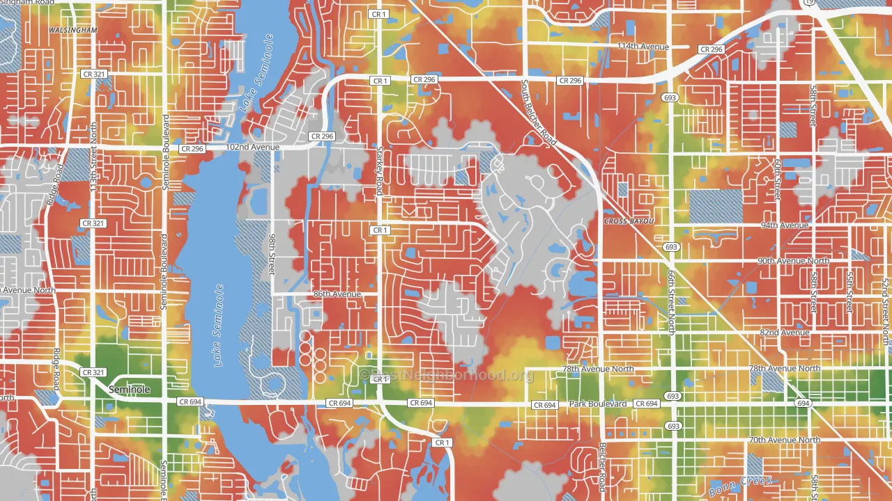 Walk Grade map of Bardmoor, FL, walkable areas in green and car-dependent areas in red