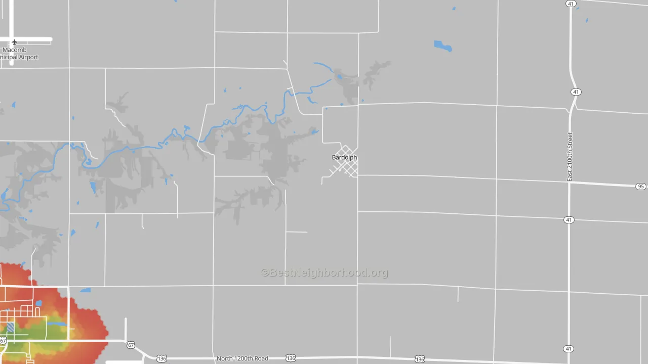 Walk Grade map of Bardolph, IL, walkable areas in green and car-dependent areas in red
