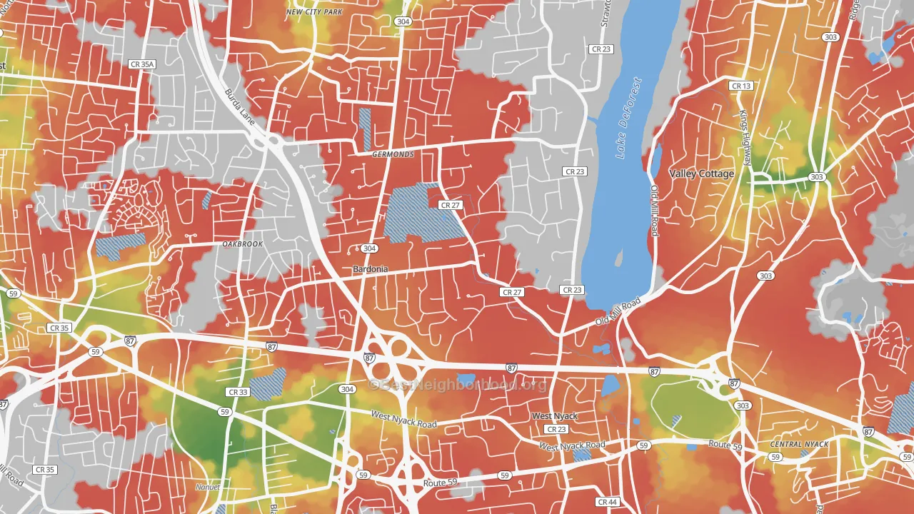 Walk Grade map of Bardonia, West Nyack, NY, walkable areas in green and car-dependent areas in red