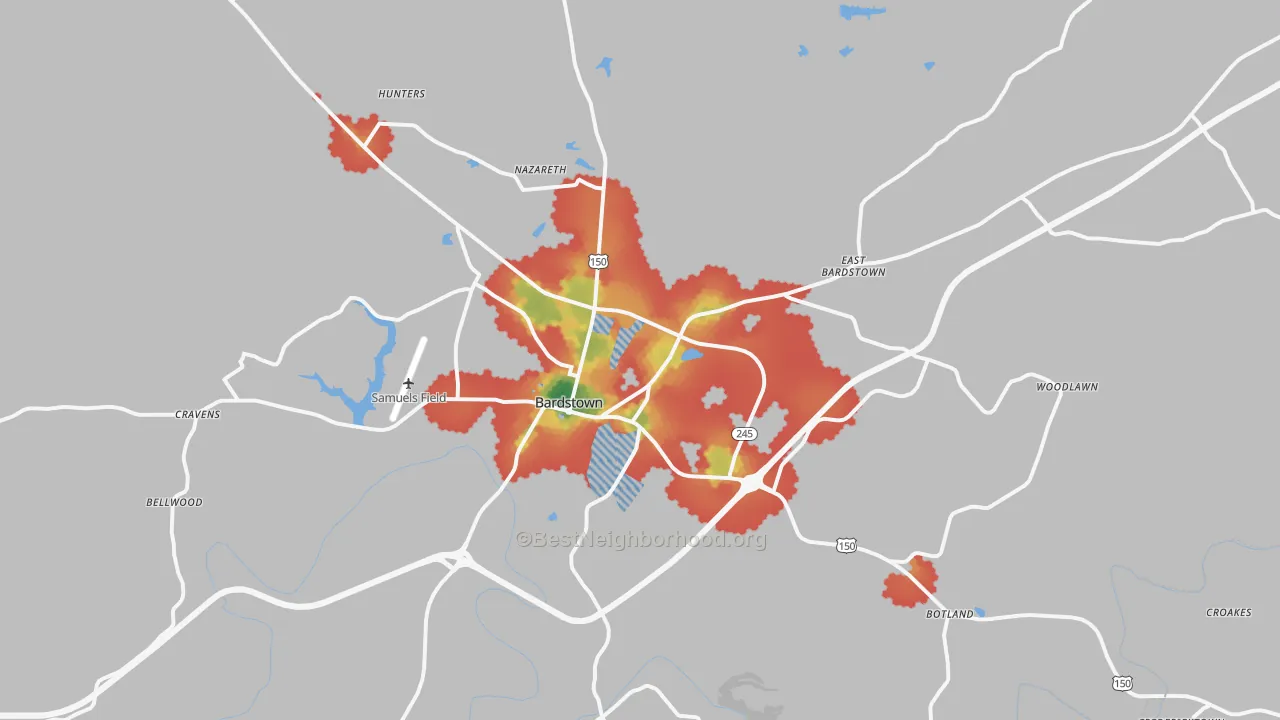 Walk Grade map of Bardstown, KY, walkable areas in green and car-dependent areas in red
