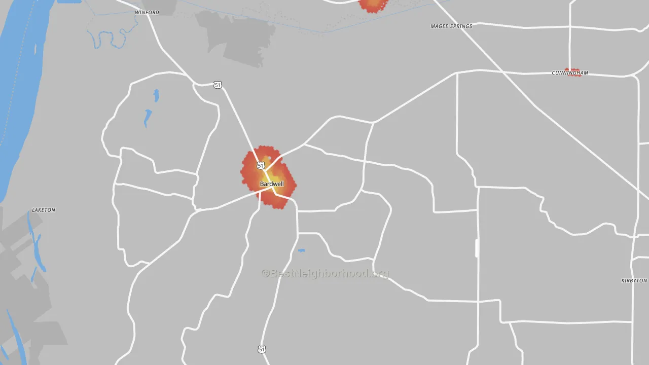 Walk Grade map of Bardwell, KY, walkable areas in green and car-dependent areas in red