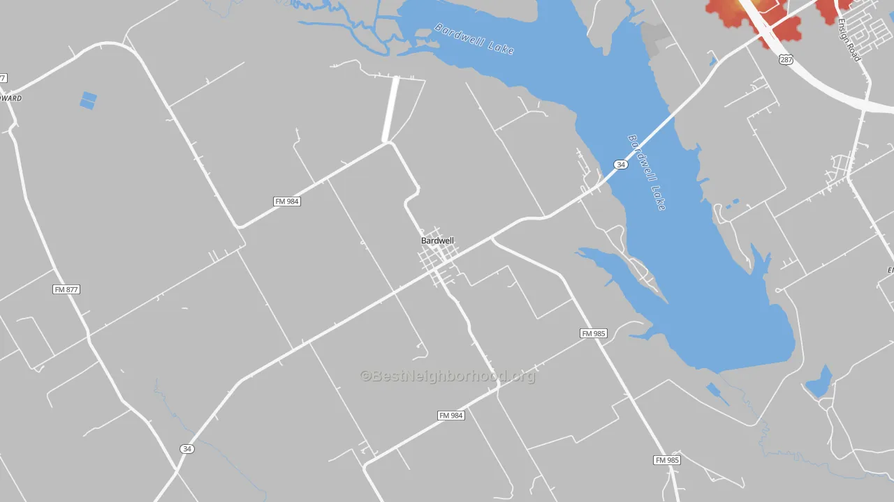 Walk Grade map of Bardwell, TX, walkable areas in green and car-dependent areas in red