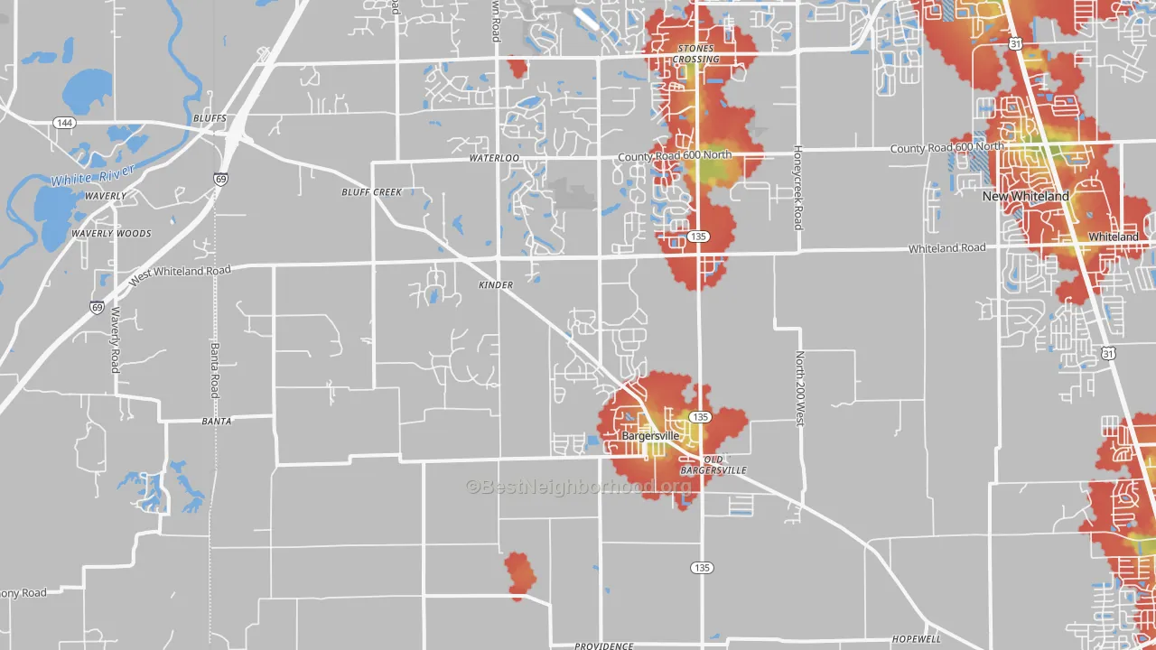 Walk Grade map of Bargersville, IN, walkable areas in green and car-dependent areas in red