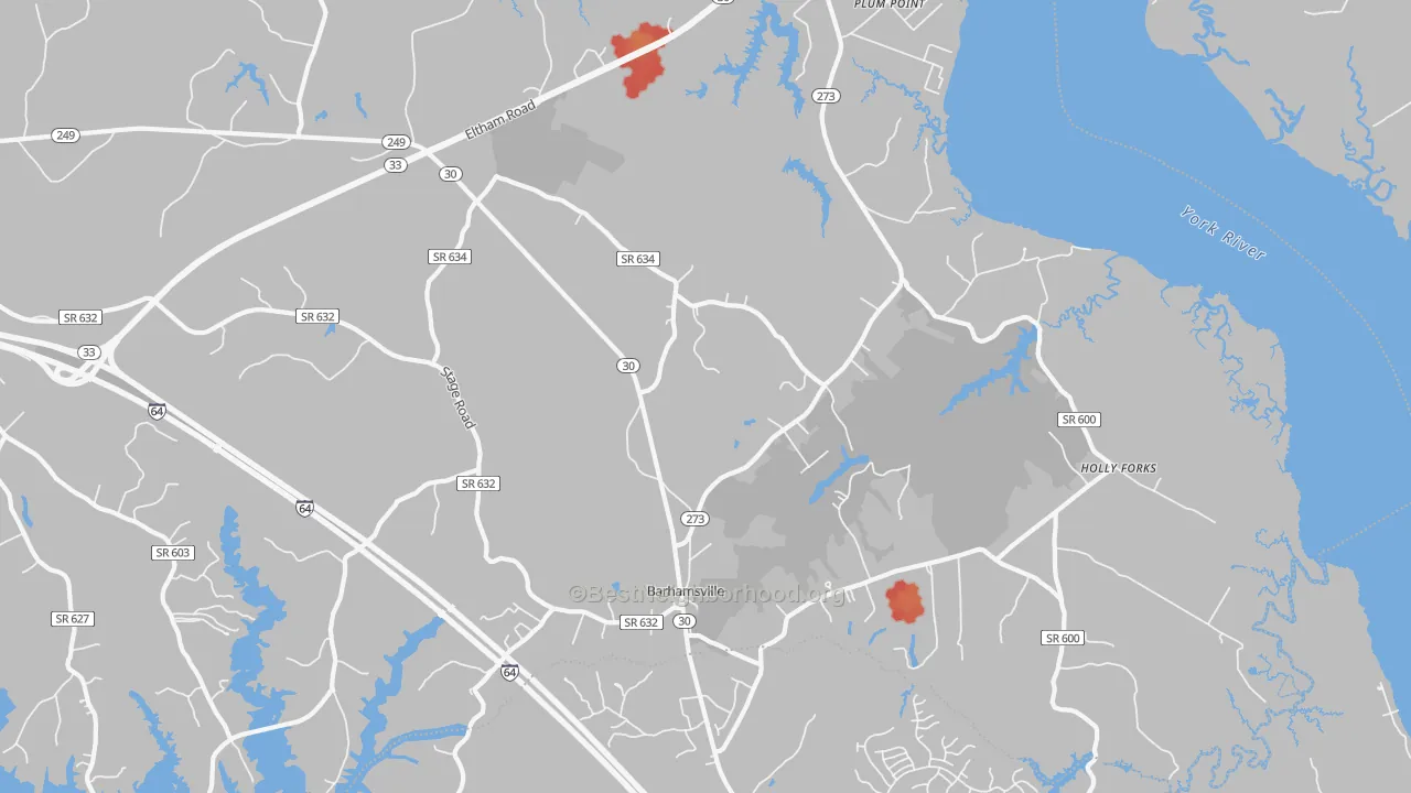 Walk Grade map of Barhamsville, VA, walkable areas in green and car-dependent areas in red