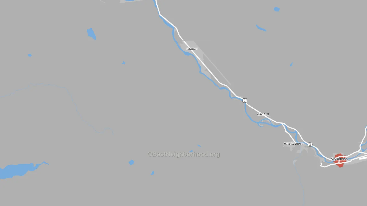 Walk Grade map of Baring, WA, walkable areas in green and car-dependent areas in red