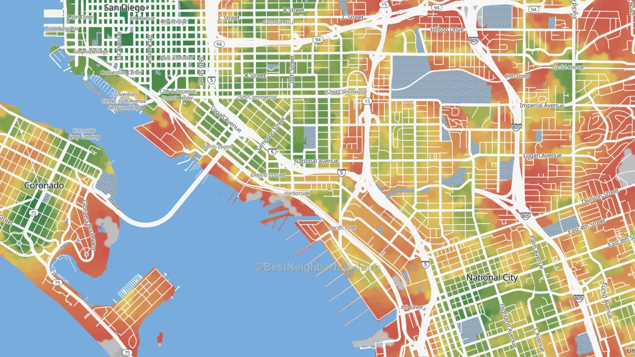 Walk Grade map of Bario Logan, San Diego, CA, walkable areas in green and car-dependent areas in red