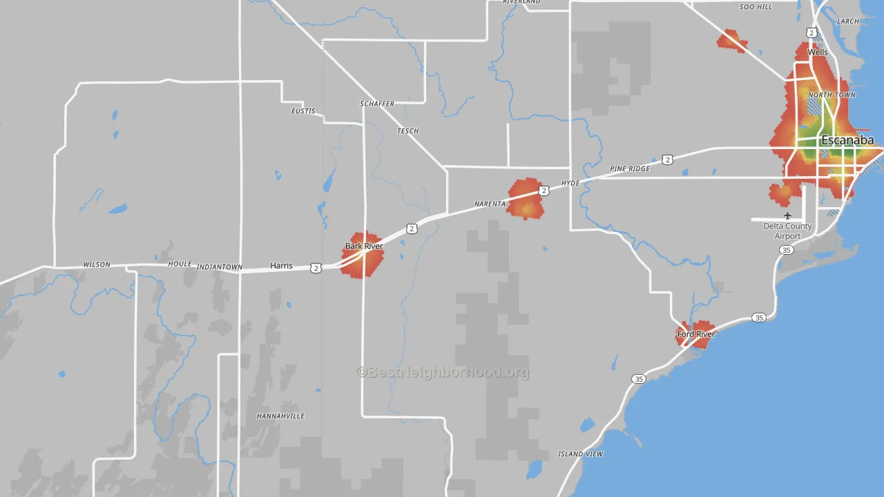 Walk Grade map of Bark River, MI, walkable areas in green and car-dependent areas in red