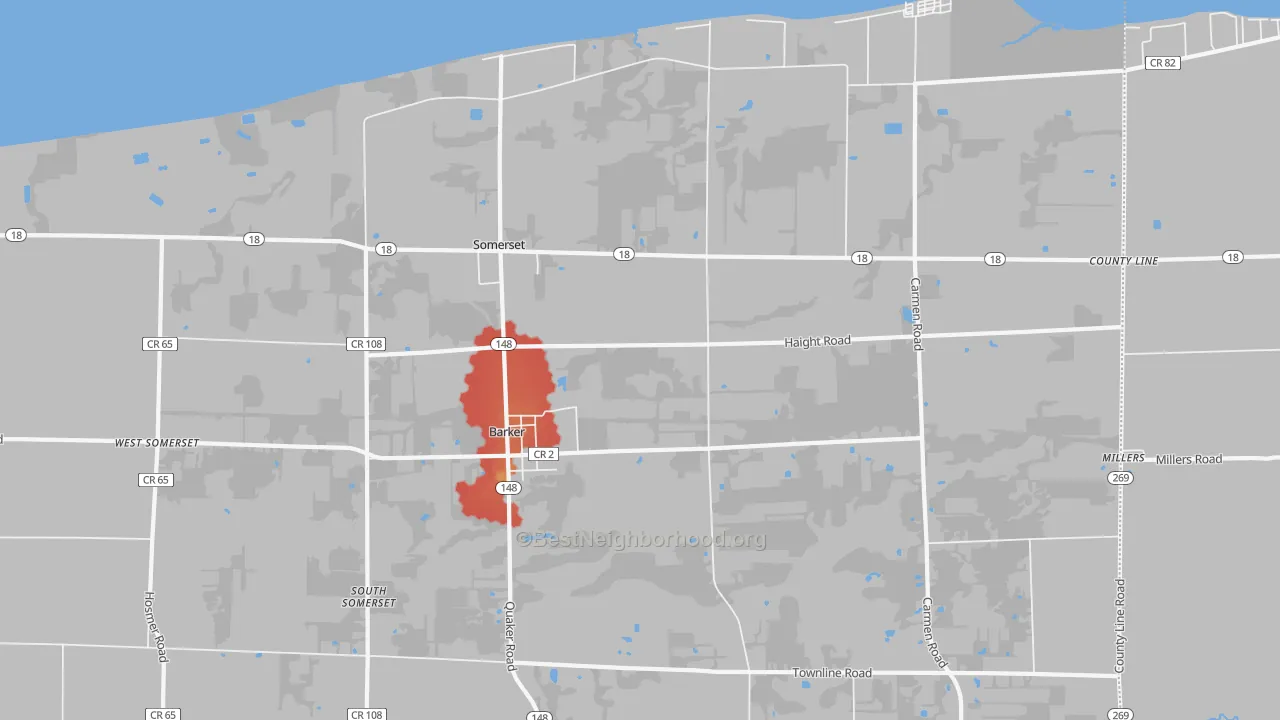Walk Grade map of Barker, NY, walkable areas in green and car-dependent areas in red