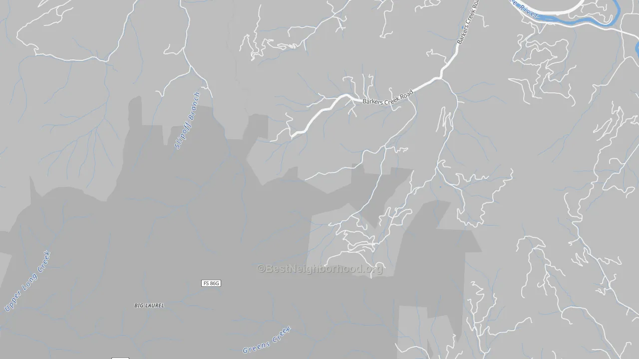 Walk Grade map of Barkers Creek, NC, walkable areas in green and car-dependent areas in red