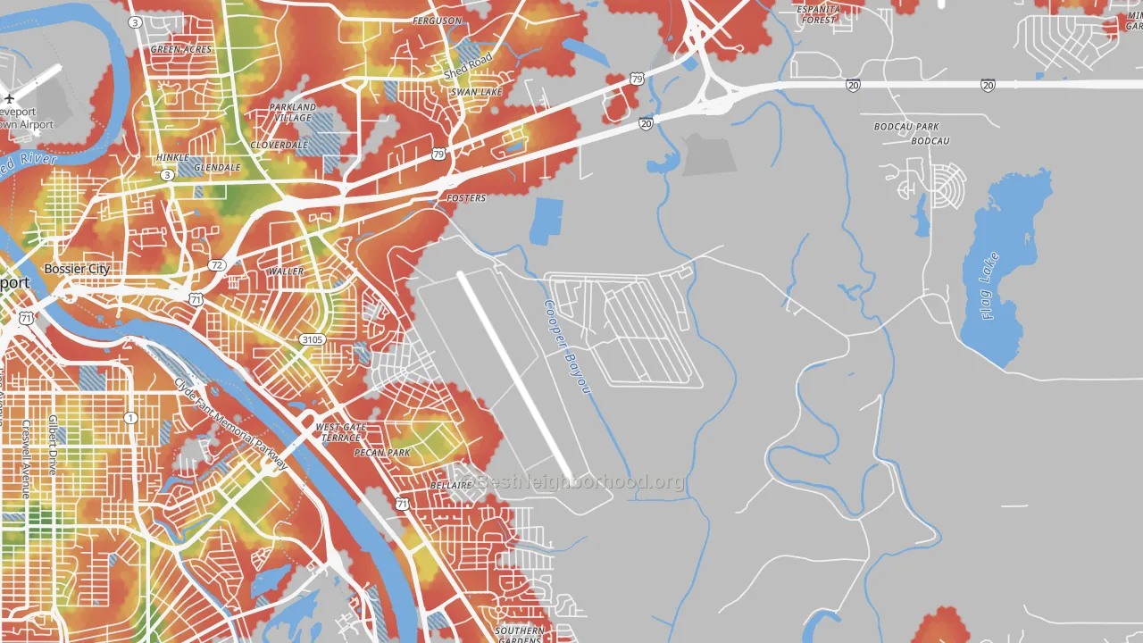 Walk Grade map of Barksdale Afb, LA, walkable areas in green and car-dependent areas in red