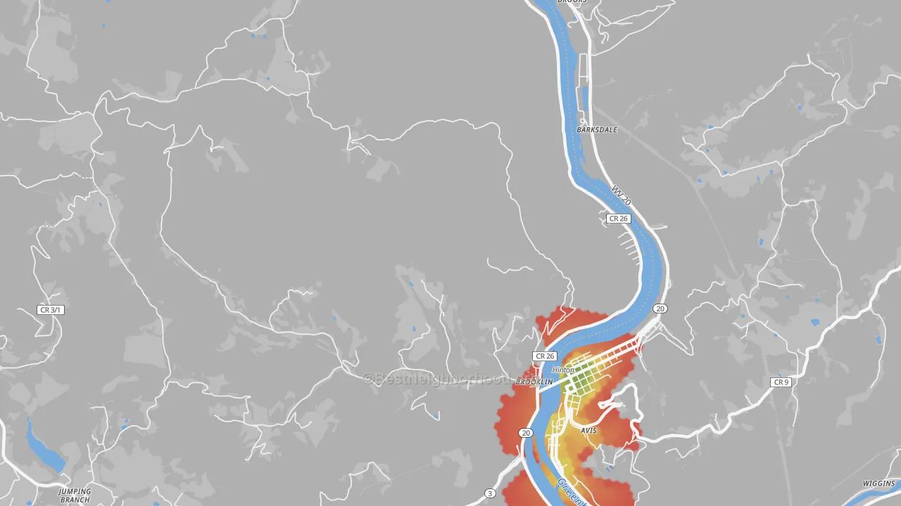 Walk Grade map of Barksdale, WV, walkable areas in green and car-dependent areas in red