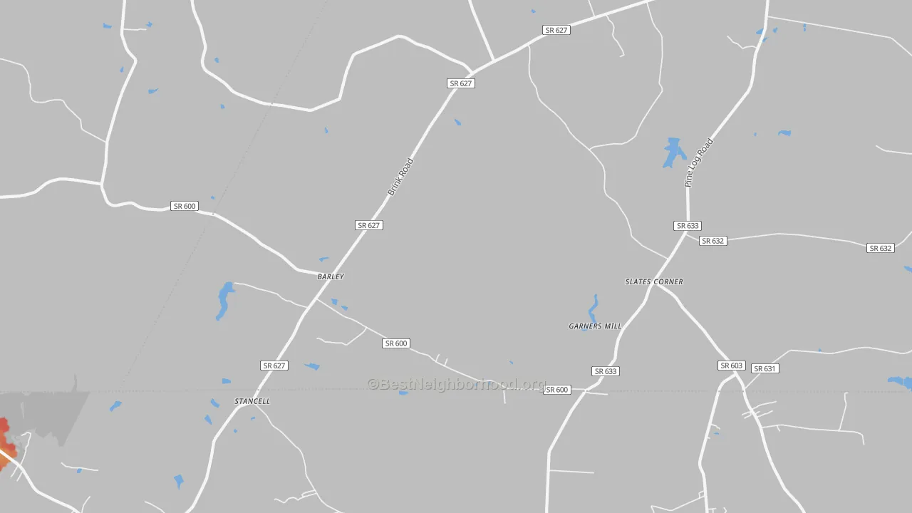 Walk Grade map of Barley, VA, walkable areas in green and car-dependent areas in red