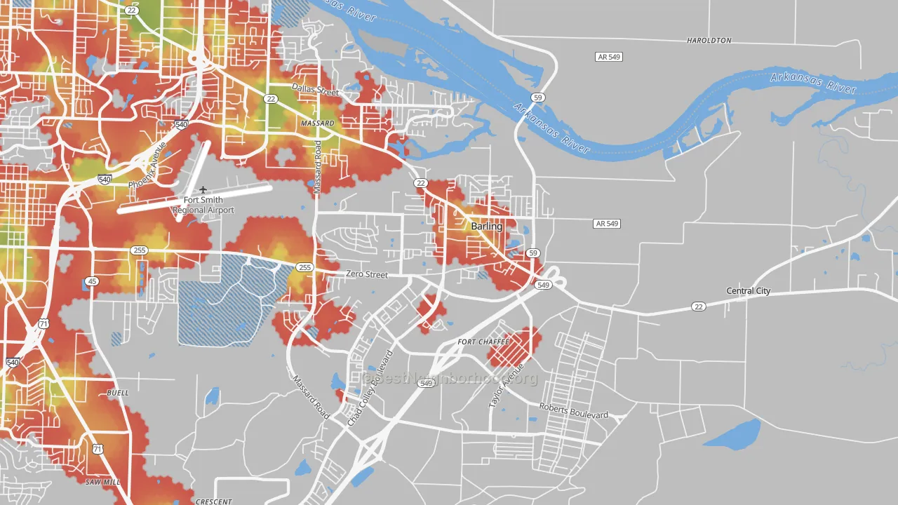 Walk Grade map of Barling, AR, walkable areas in green and car-dependent areas in red