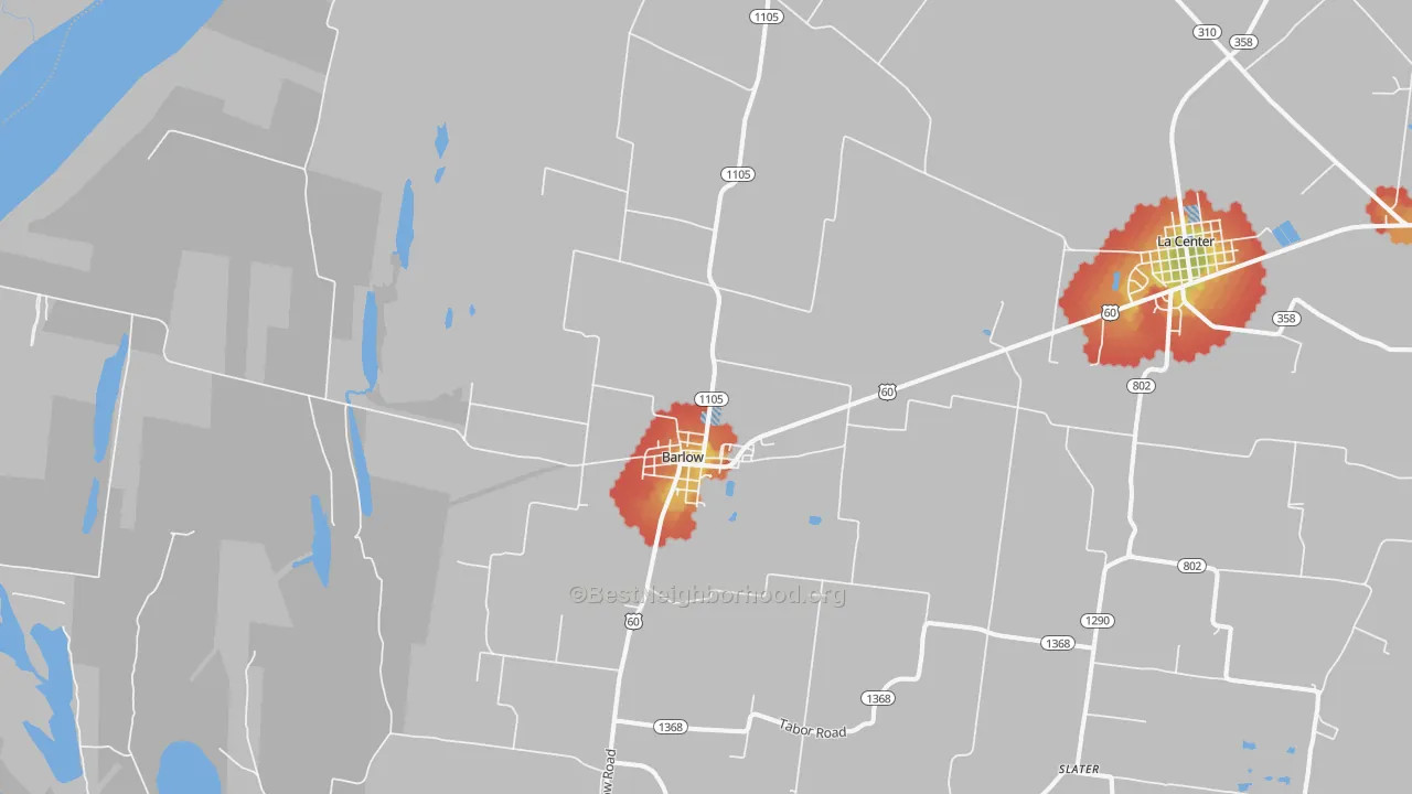Walk Grade map of Barlow, KY, walkable areas in green and car-dependent areas in red