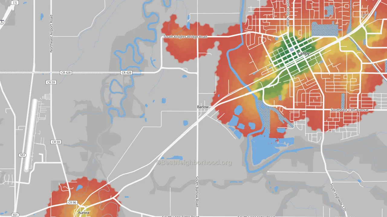 Walk Grade map of Barlow, OR, walkable areas in green and car-dependent areas in red