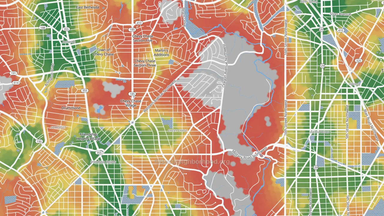 Walk Grade map of Barnaby Woods, Washington, DC, walkable areas in green and car-dependent areas in red