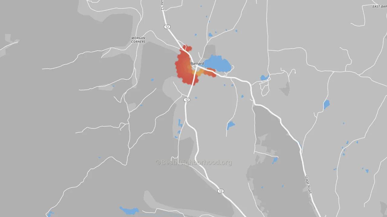 Walk Grade map of Barnard, VT, walkable areas in green and car-dependent areas in red