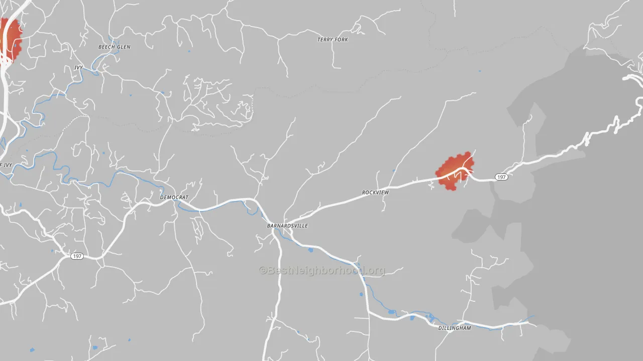Walk Grade map of Barnardsville, NC, walkable areas in green and car-dependent areas in red