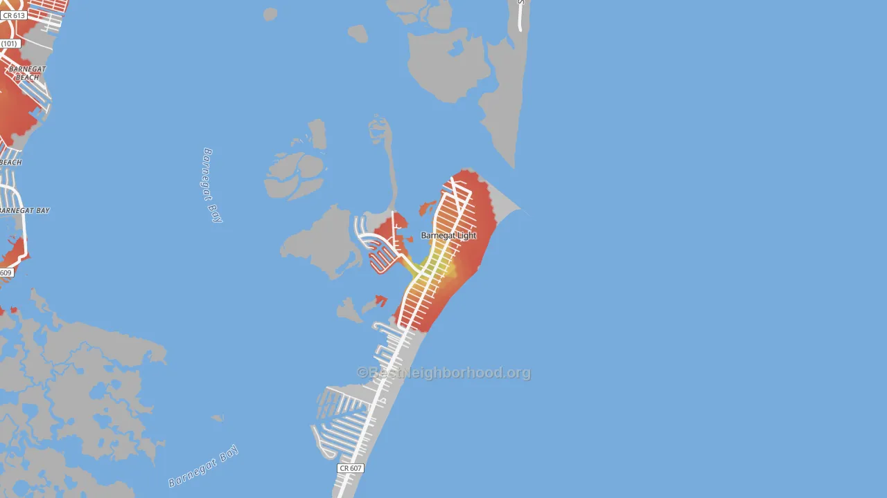 Walk Grade map of Barnegat Light, NJ, walkable areas in green and car-dependent areas in red