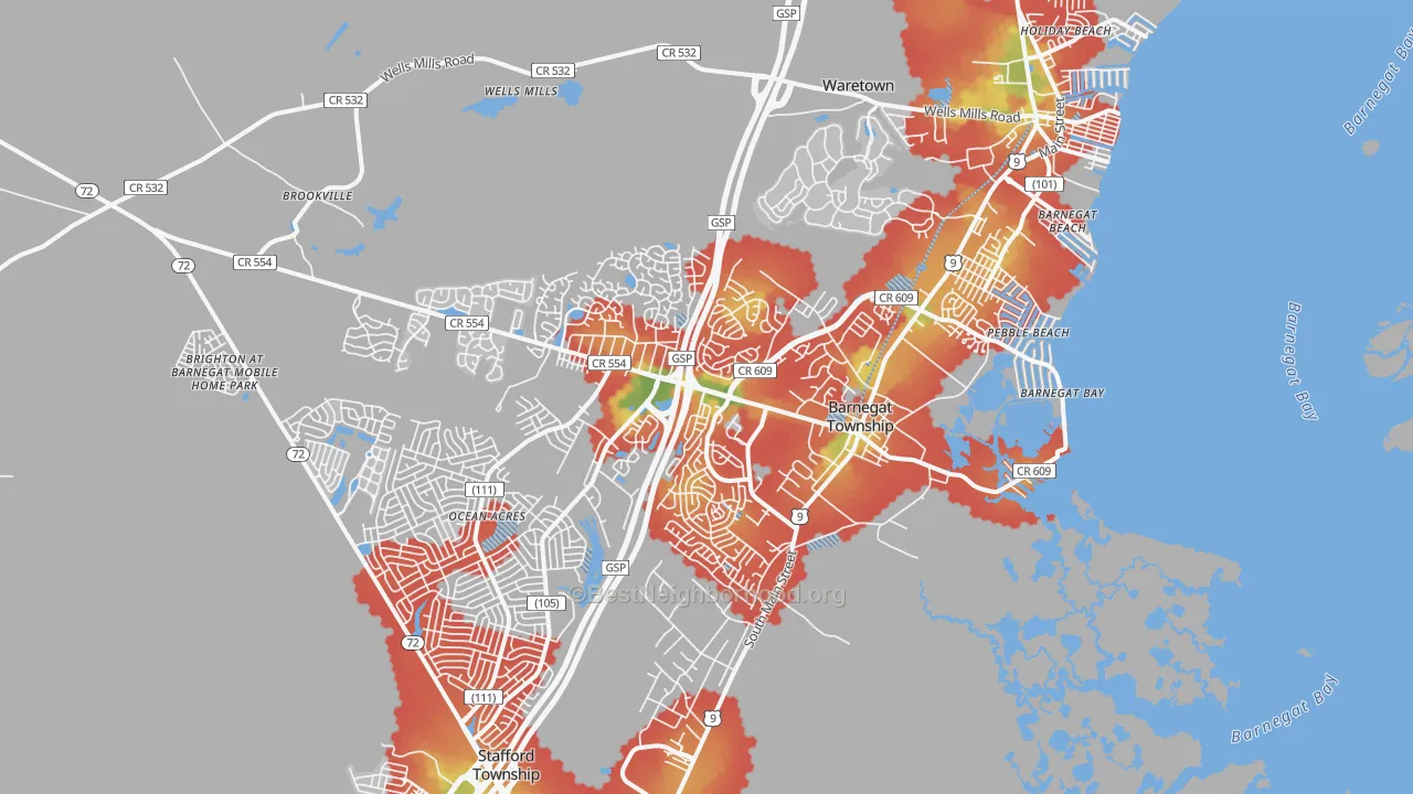Walk Grade map of Barnegat, NJ, walkable areas in green and car-dependent areas in red