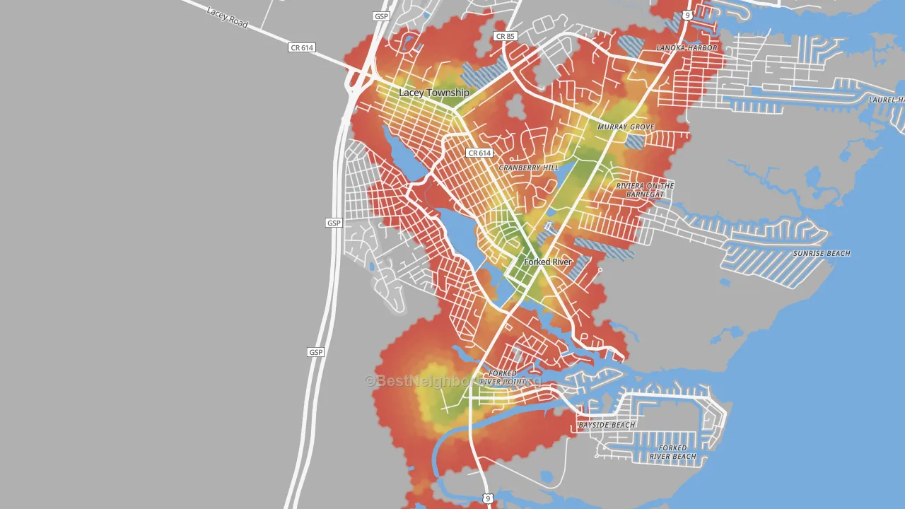 Walk Grade map of Barnegat Pines, Forked River, NJ, walkable areas in green and car-dependent areas in red