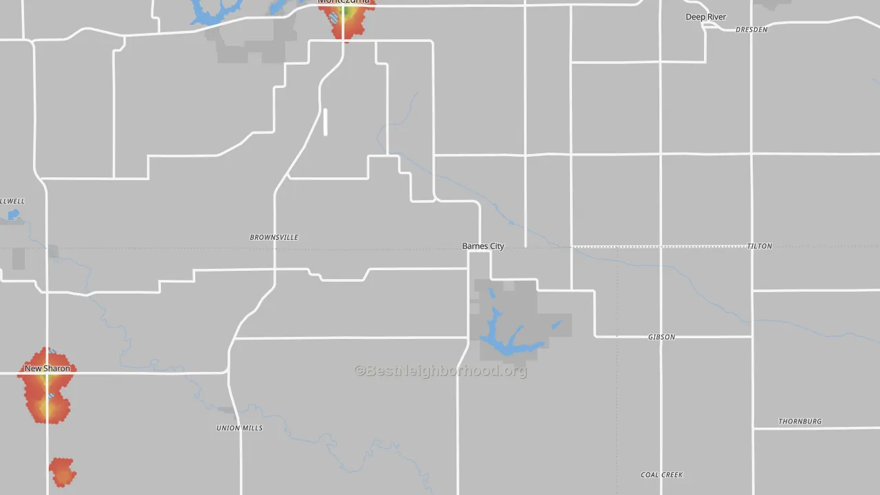 Walk Grade map of Barnes City, IA, walkable areas in green and car-dependent areas in red