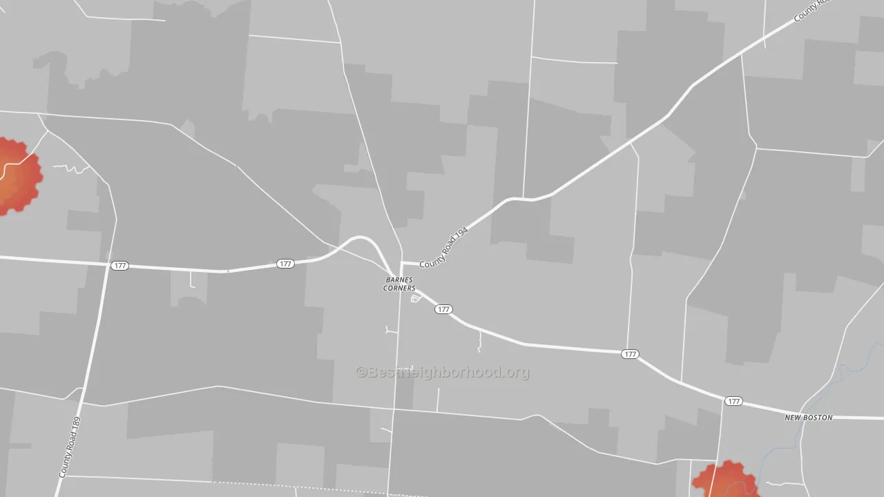 Walk Grade map of Barnes Corners, NY, walkable areas in green and car-dependent areas in red