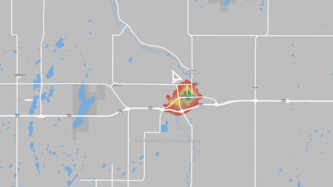 Walk Grade map of Barnes County, ND, walkable areas in green and car-dependent areas in red