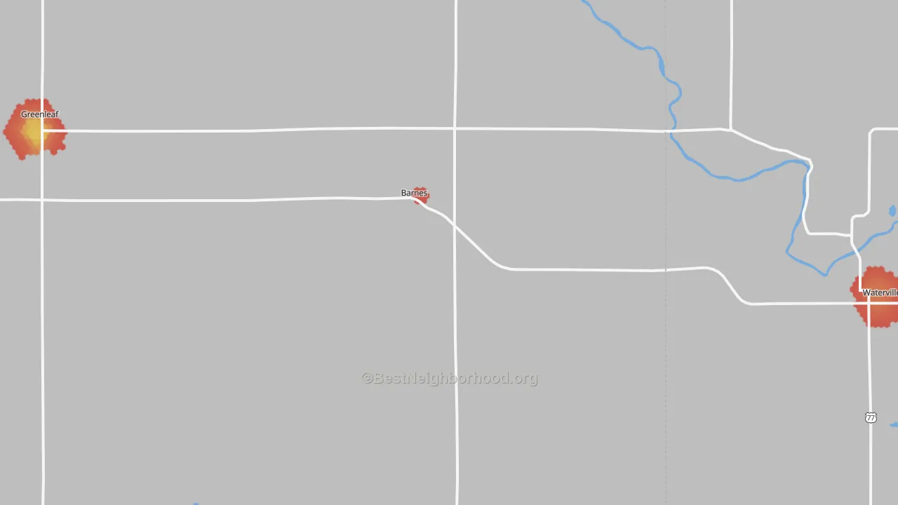 Walk Grade map of Barnes, KS, walkable areas in green and car-dependent areas in red