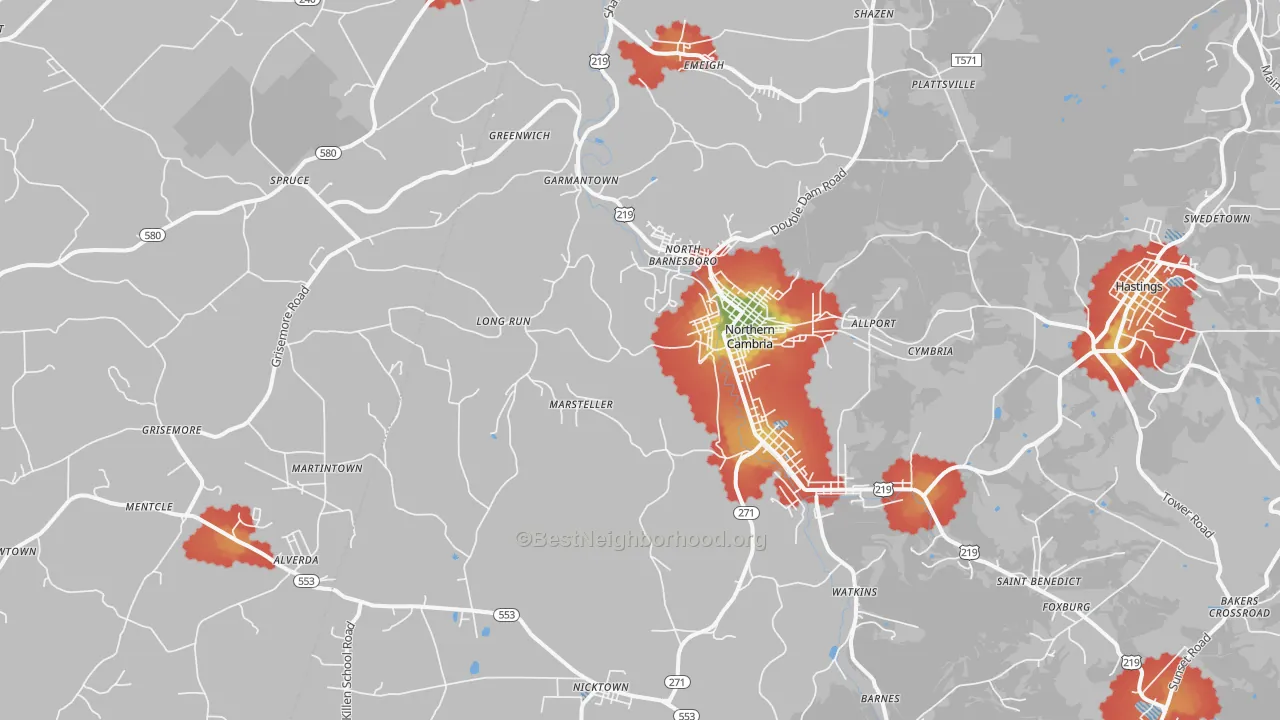 Walk Grade map of Barnesboro, PA, walkable areas in green and car-dependent areas in red