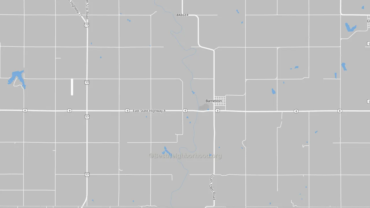Walk Grade map of Barneston, NE, walkable areas in green and car-dependent areas in red