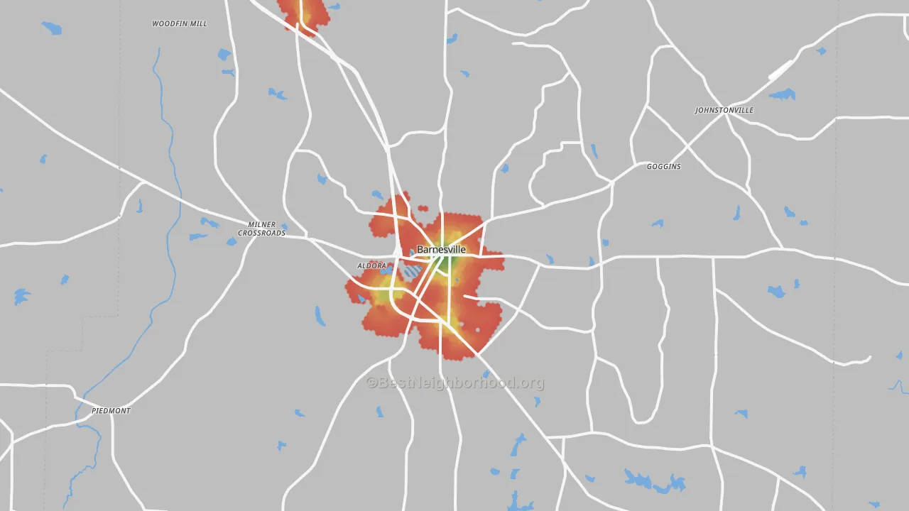 Walk Grade map of Barnesville, GA, walkable areas in green and car-dependent areas in red