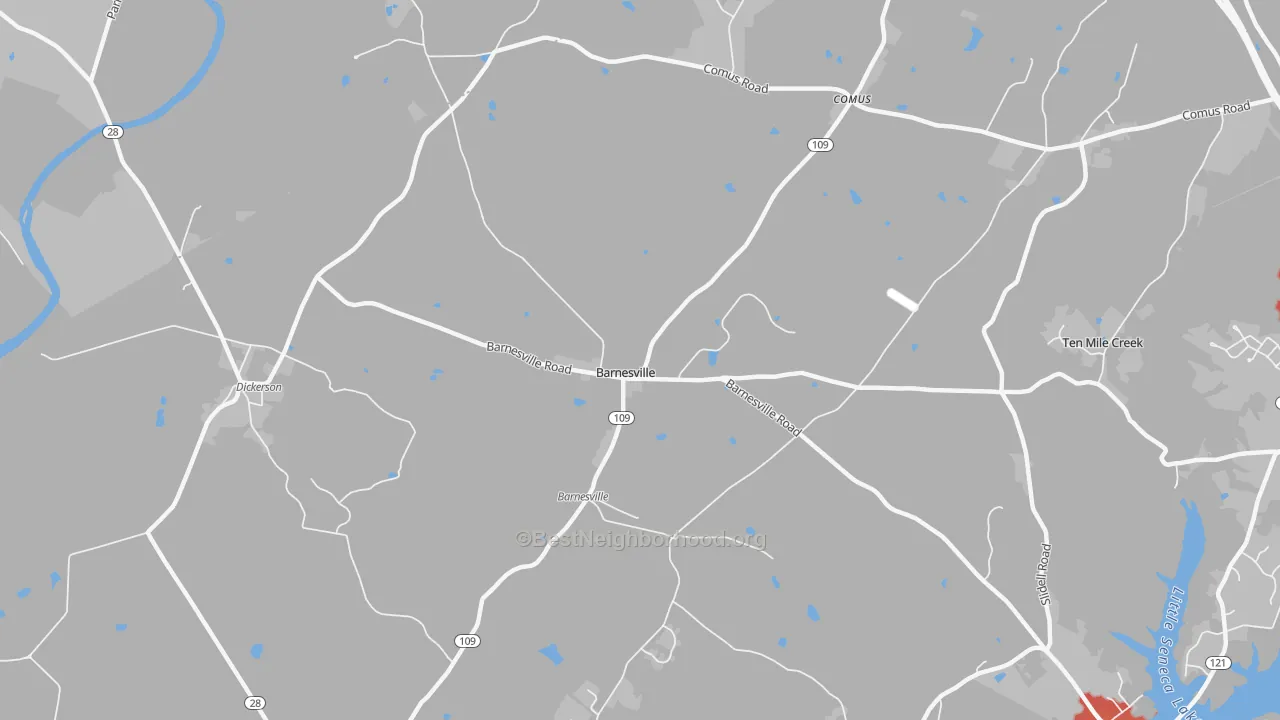 Walk Grade map of Barnesville, MD, walkable areas in green and car-dependent areas in red