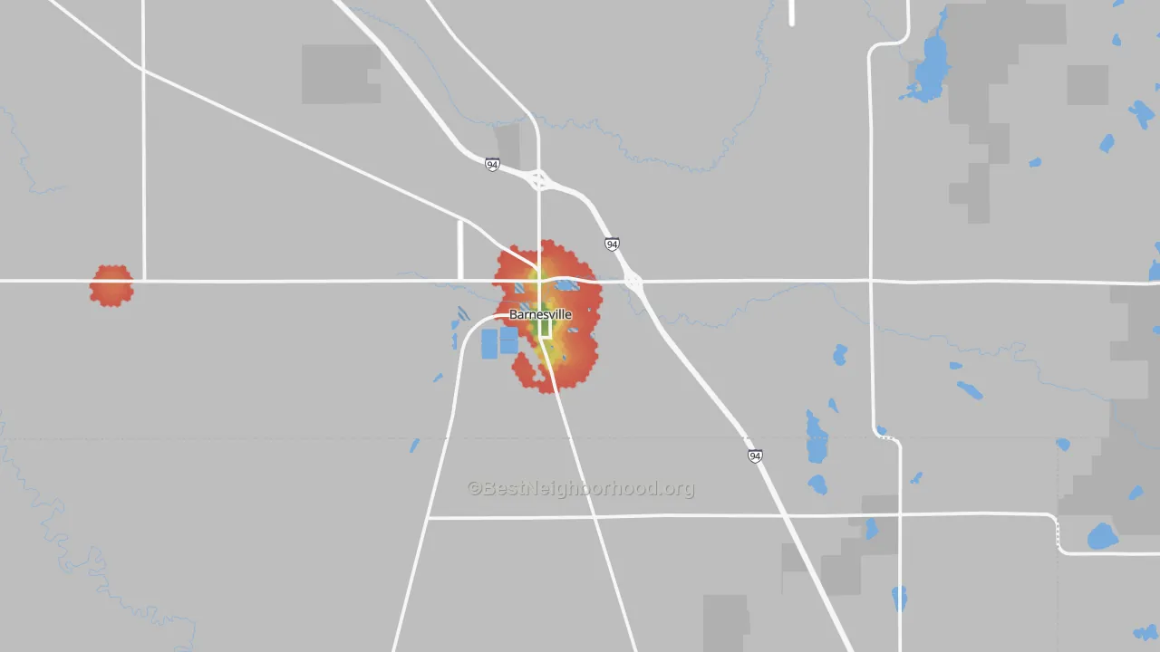 Walk Grade map of Barnesville, MN, walkable areas in green and car-dependent areas in red