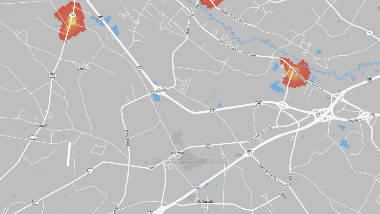 Walk Grade map of Barnesville, NC, walkable areas in green and car-dependent areas in red