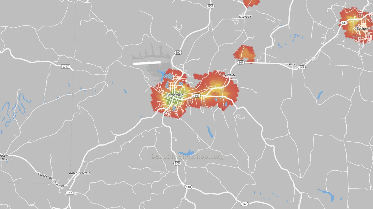 Walk Grade map of Barnesville, OH, walkable areas in green and car-dependent areas in red