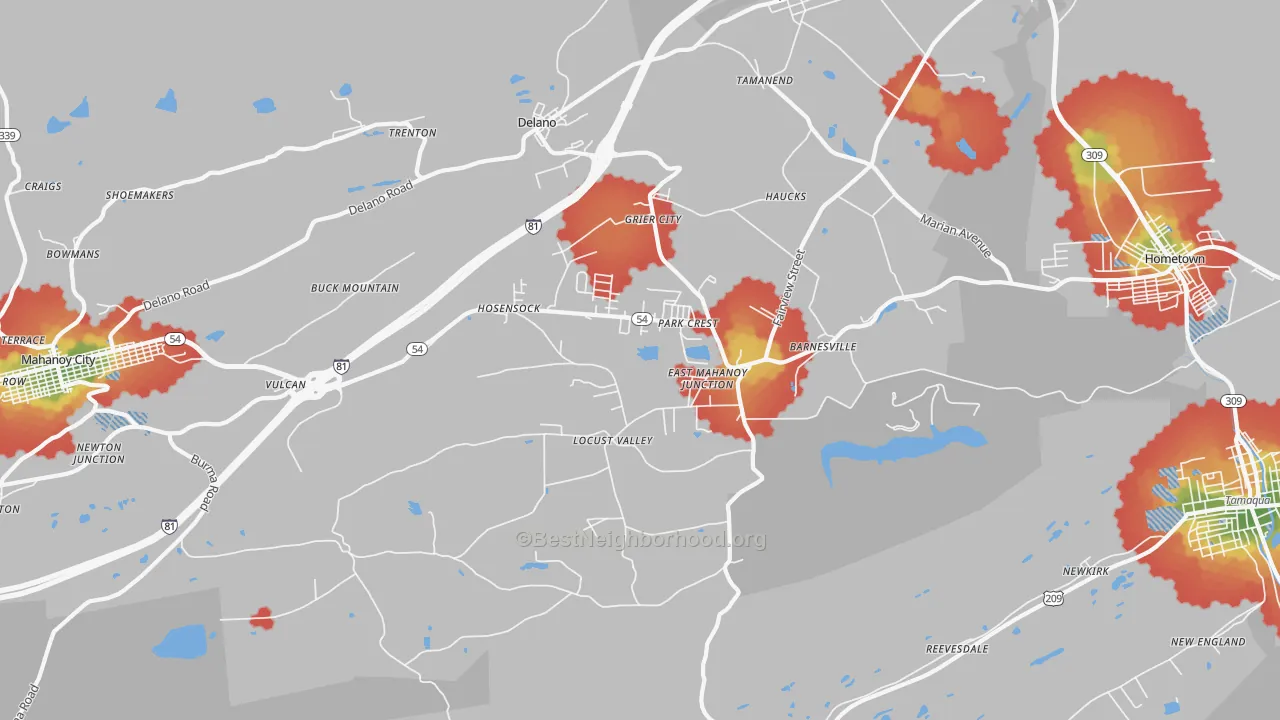 Walk Grade map of Barnesville, PA, walkable areas in green and car-dependent areas in red