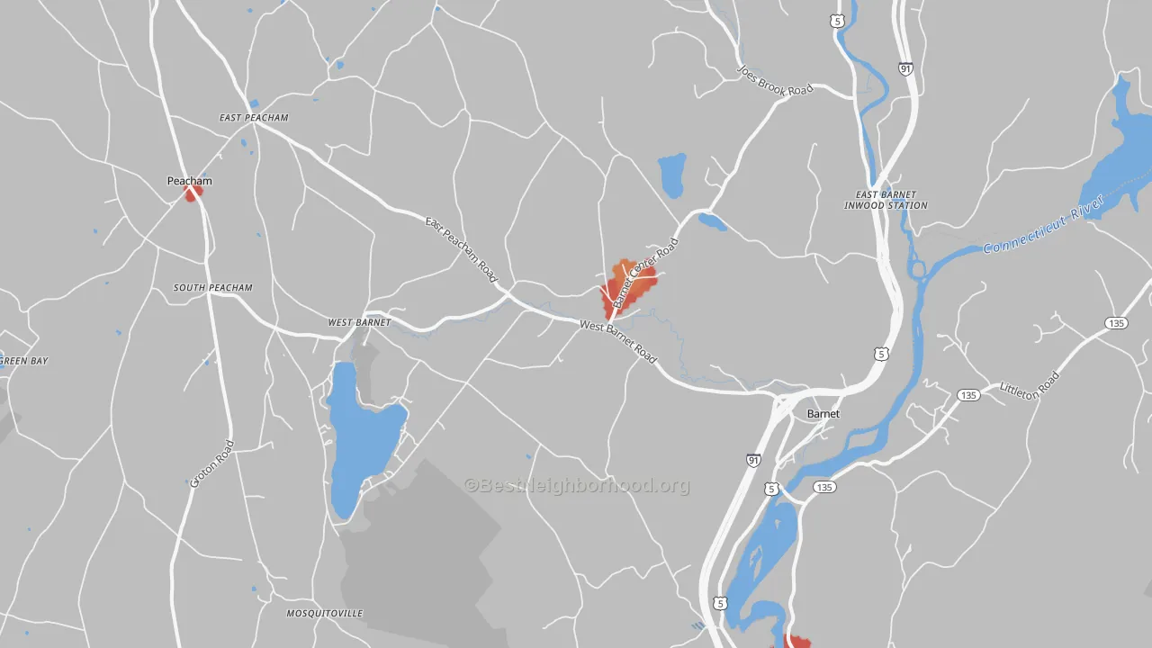 Walk Grade map of Barnet, VT, walkable areas in green and car-dependent areas in red