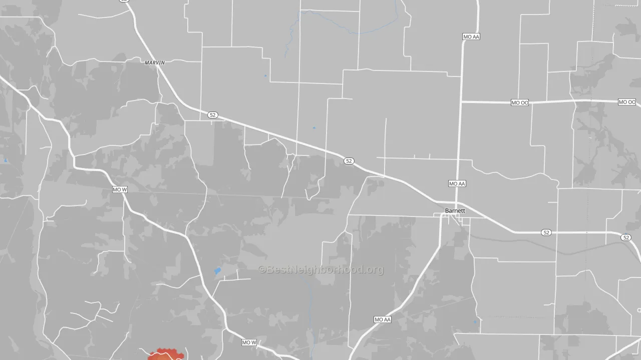 Walk Grade map of Barnett, MO, walkable areas in green and car-dependent areas in red
