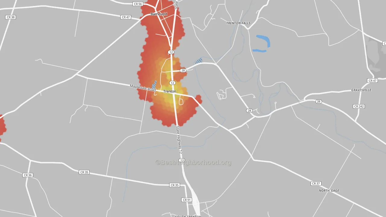 Walk Grade map of Barneveld, NY, walkable areas in green and car-dependent areas in red